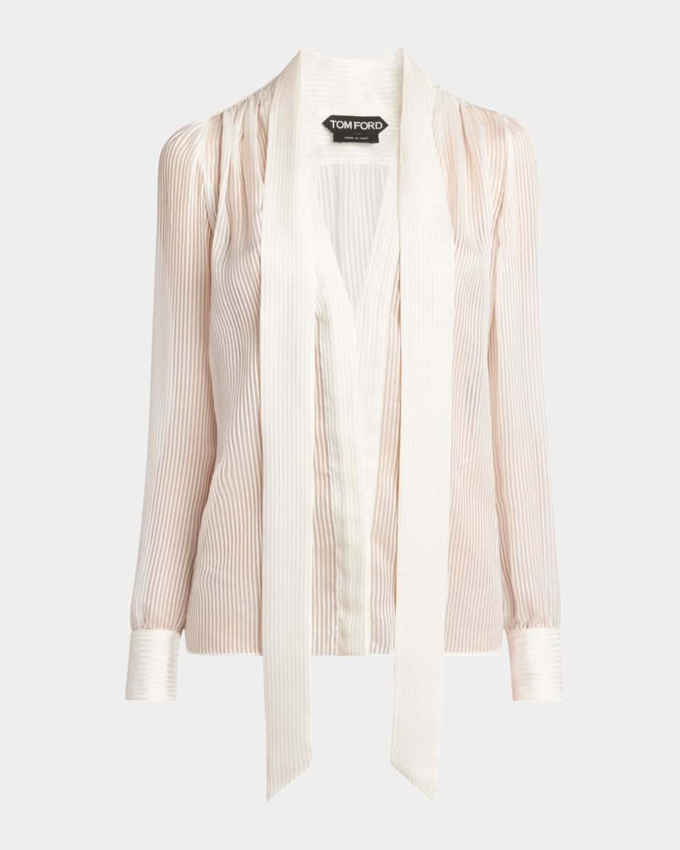 Micro Striped Silk Chiffon Plunging Lavalliere Blouse